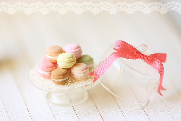 Dollhouse Miniature Food - Sweet Macarons On Glass Display Stand