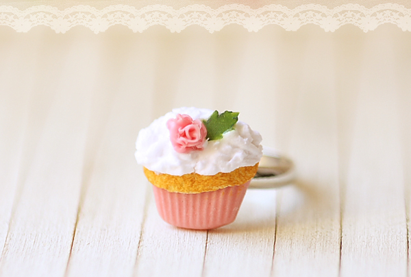 Miniature Food Jewelry - Cupcake Ring - Medium Pink Rose Cupcake Ring