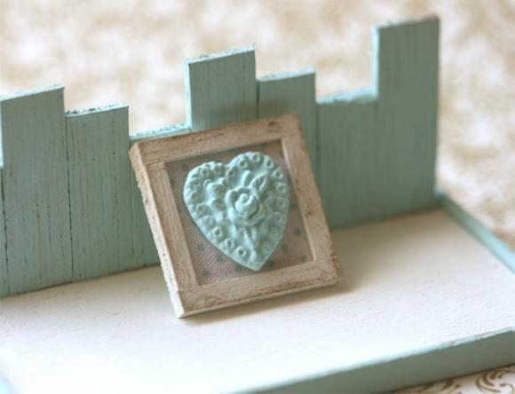 Dollhouse Miniature Blue Shabby Chic Framed Applique Decoration