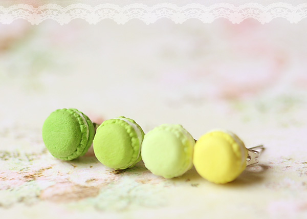 Miniature Food Earrings - French Macaron Earrings In Green And Yellow Series