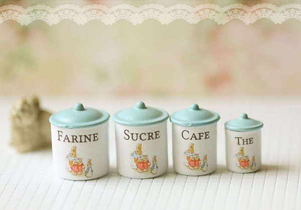 Dollhouse Miniature Kitchen Accessories- Peter Rabbit Kitchen Canisters In 1/12 Scale